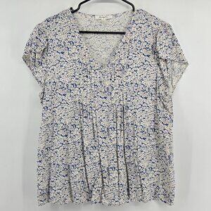 Monday Fun Lightweight Floral Peplum-Style Blouse - XL Off White/Blue